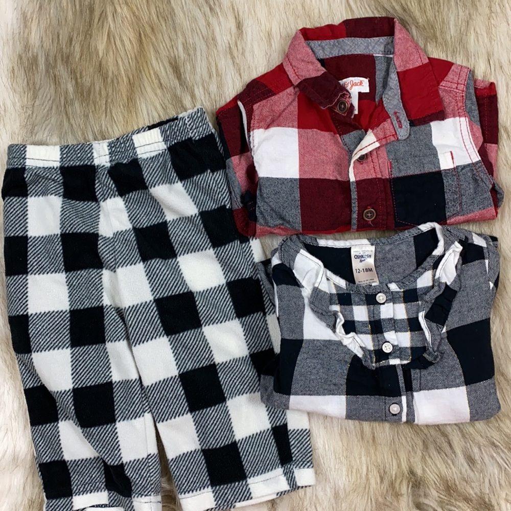 12-18M Plaid Flannel Shirts & Pants 3-Piece Bundle